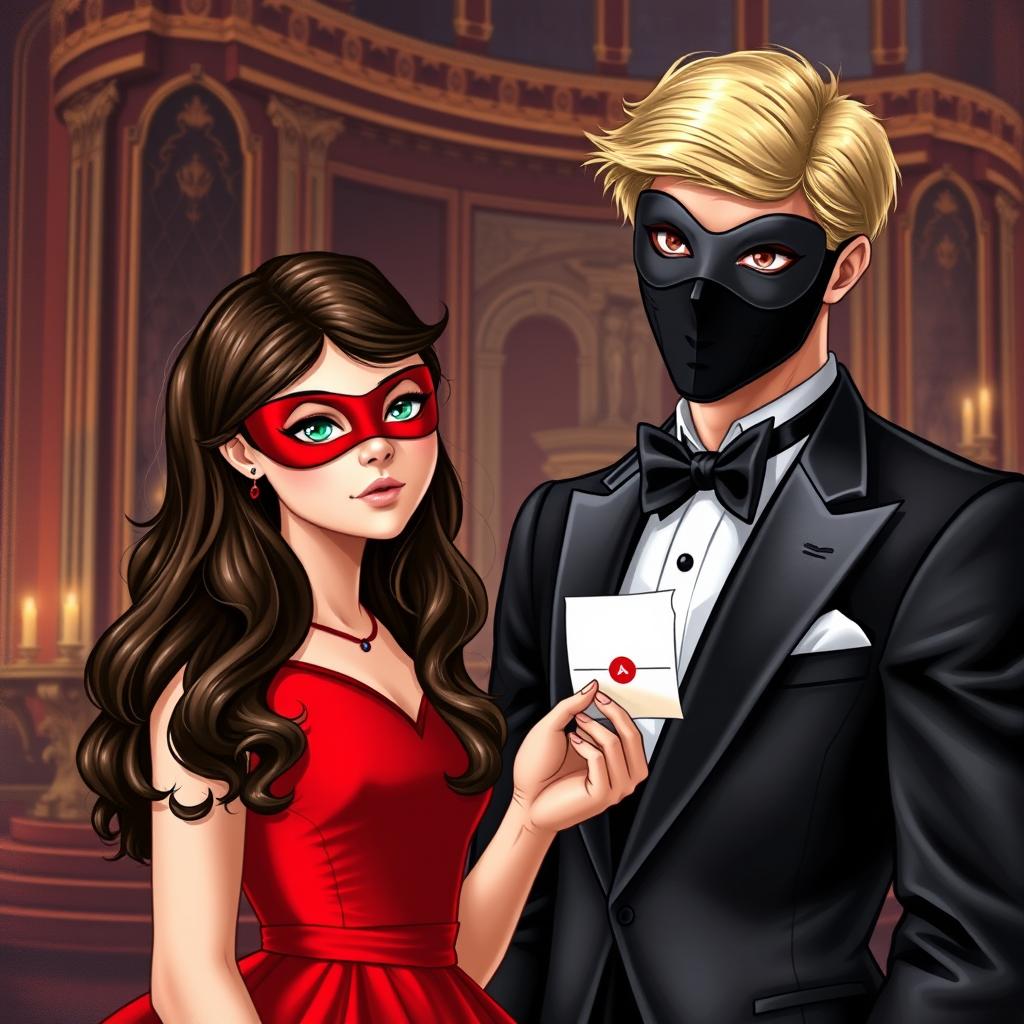 Create a book cover featuring a brunette girl in a red dress with a matching red eye mask