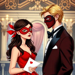 Create a book cover featuring a brunette girl in a red dress with a matching red eye mask