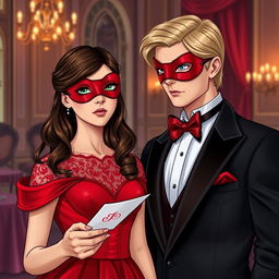 Create a book cover featuring a brunette girl in a red dress with a matching red eye mask