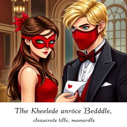 Create a book cover featuring a brunette girl in a red dress with a matching red eye mask