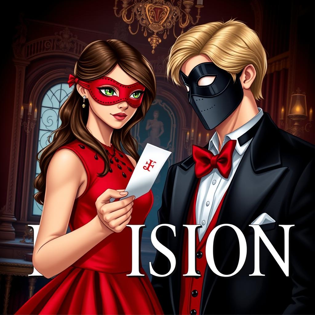 Create a book cover featuring a brunette girl in a red dress with a matching red eye mask