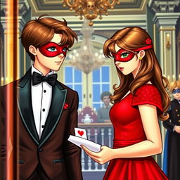 Create a book cover featuring a brunette girl in a red dress with a matching red eye mask