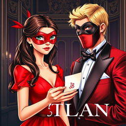 Create a book cover featuring a brunette girl in a red dress with a matching red eye mask