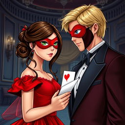 Create a book cover featuring a brunette girl in a red dress with a matching red eye mask