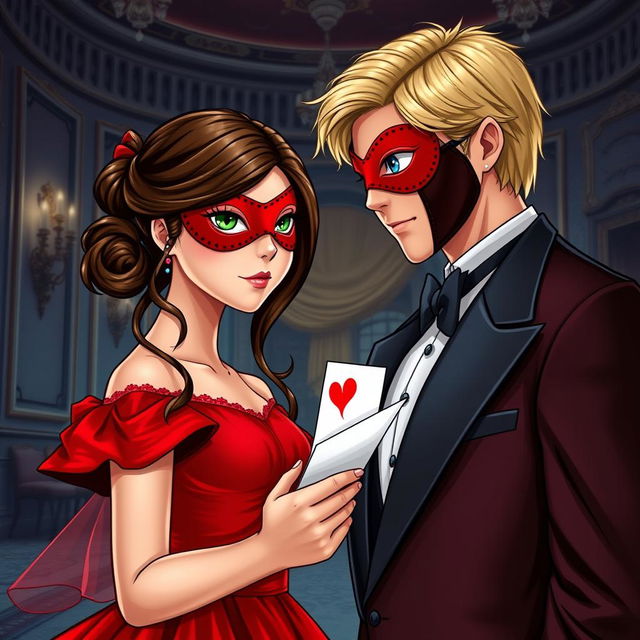 Create a book cover featuring a brunette girl in a red dress with a matching red eye mask