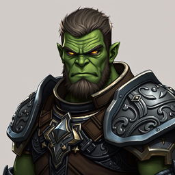 A detailed illustration of a 46-year-old male orc paladin standing tall at 193 cm