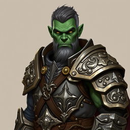 A detailed illustration of a 46-year-old male orc paladin standing tall at 193 cm