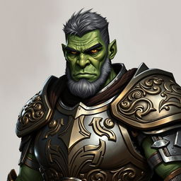 A detailed illustration of a 46-year-old male orc paladin standing tall at 193 cm