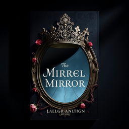 Create a book cover featuring a broken mirror with a crown on top of it and twisted flowers on the edges