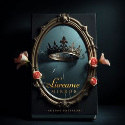 Create a book cover featuring a broken mirror with a crown on top of it and twisted flowers on the edges