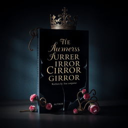 Create a book cover featuring a broken mirror with a crown on top of it and twisted flowers on the edges