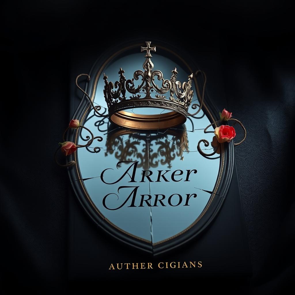 Create a book cover featuring a broken mirror with a crown on top of it and twisted flowers on the edges