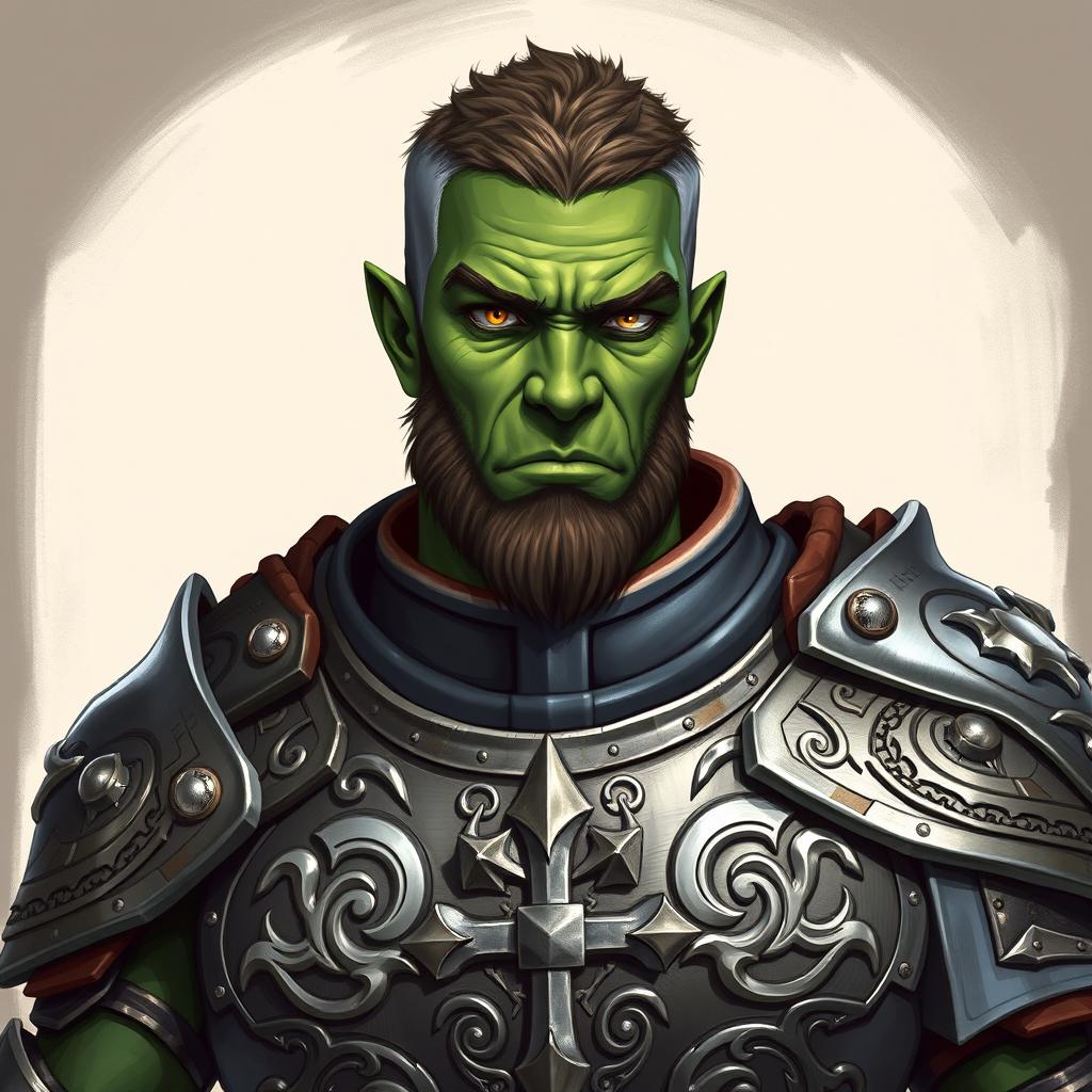 A detailed illustration of a 46-year-old male orc paladin standing tall at 193 cm