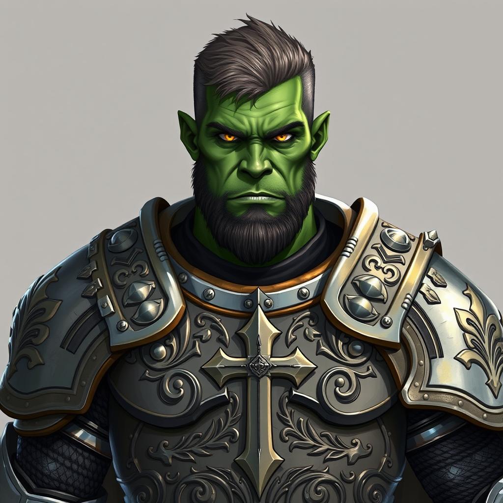 A detailed illustration of a 46-year-old male orc paladin standing tall at 193 cm