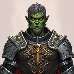 A detailed illustration of a 46-year-old male orc paladin standing tall at 193 cm