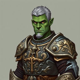 A detailed illustration of a 46-year-old male orc paladin standing tall at 193 cm