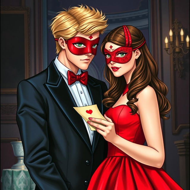 Create a book cover featuring a brunette girl in a red dress with a matching red eye mask