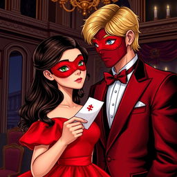 Create a book cover featuring a brunette girl in a red dress with a matching red eye mask