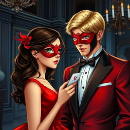 Create a book cover featuring a brunette girl in a red dress with a matching red eye mask