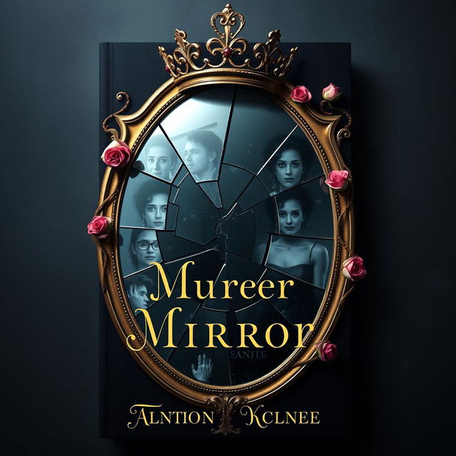 Create a book cover featuring a broken mirror with a crown on top of it and twisted flowers on the edges