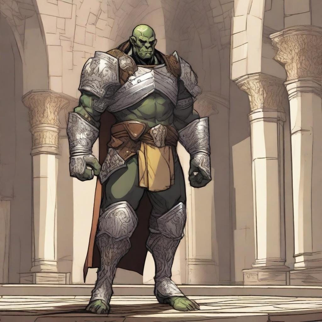 A detailed illustration of a 46-year-old male orc paladin standing tall at 193 cm inside a grand church