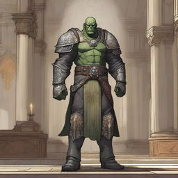 A detailed illustration of a 46-year-old male orc paladin standing tall at 193 cm inside a grand church