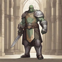 A detailed illustration of a 46-year-old male orc paladin standing tall at 193 cm inside a grand church