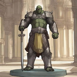 A detailed illustration of a 46-year-old male orc paladin standing tall at 193 cm inside a grand church