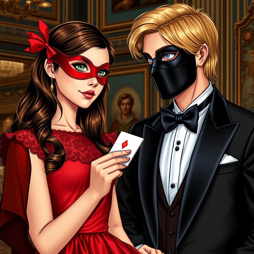 Create a book cover featuring a brunette girl in a red dress with a matching red eye mask