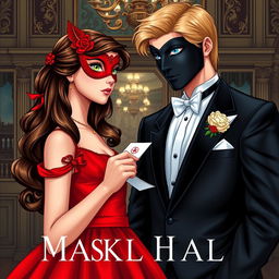 Create a book cover featuring a brunette girl in a red dress with a matching red eye mask