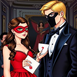 Create a book cover featuring a brunette girl in a red dress with a matching red eye mask