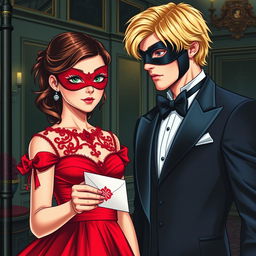 Create a book cover featuring a brunette girl in a red dress with a matching red eye mask