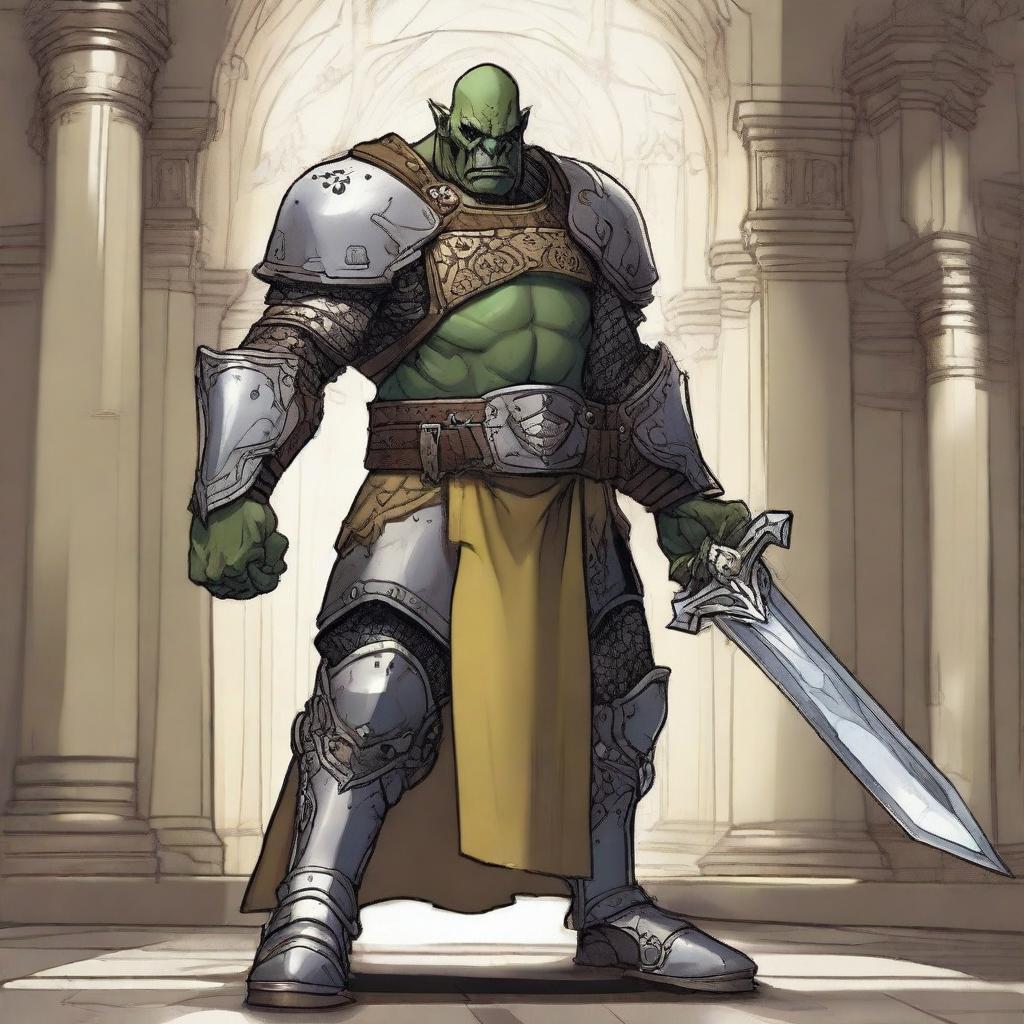 A detailed illustration of a 46-year-old male orc paladin standing tall at 193 cm inside a church