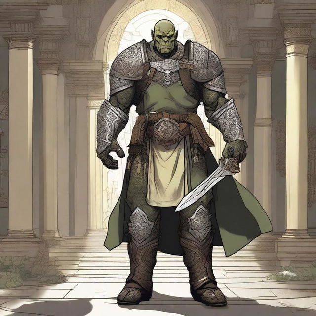 A detailed illustration of a 46-year-old male orc paladin standing tall at 193 cm inside a church