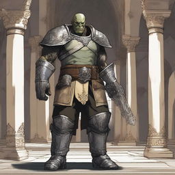 A detailed illustration of a 46-year-old male orc paladin standing tall at 193 cm inside a church