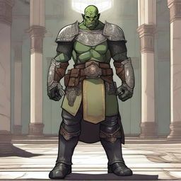 A detailed illustration of a 46-year-old male orc paladin standing tall at 193 cm inside a church