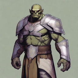 A detailed illustration of a 46-year-old male orc paladin standing tall at 193 cm