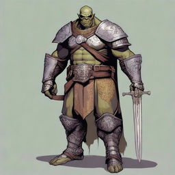 A detailed illustration of a 46-year-old male orc paladin standing tall at 193 cm