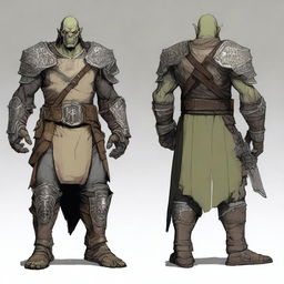 A detailed illustration of a 46-year-old male orc paladin standing tall at 193 cm