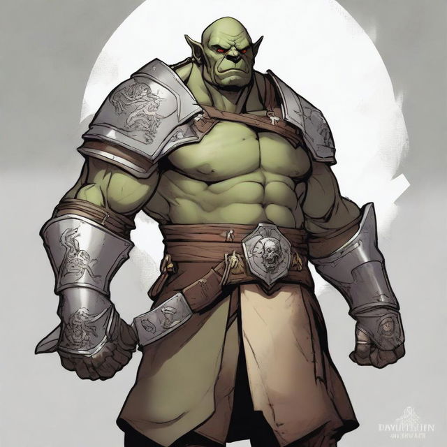 A detailed illustration of a 46-year-old male orc paladin standing tall at 193 cm