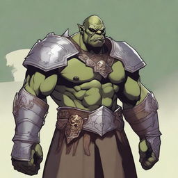 A detailed illustration of a 46-year-old male orc paladin standing tall at 193 cm