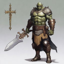 A detailed illustration of a 46-year-old male orc paladin standing tall at 193 cm