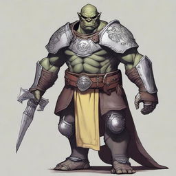 A detailed illustration of a 46-year-old male orc paladin standing tall at 193 cm