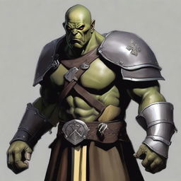 A 46-year-old male orc paladin standing tall at 193 cm with darkseagreen skin and light yellow eyes