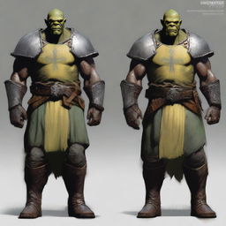 A 46-year-old male orc paladin standing tall at 193 cm with darkseagreen skin and light yellow eyes