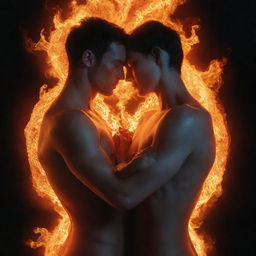 A man and woman in an intimate embrace, with a bright, intense flame erupting between them. Their forms transition from icy figures to regular human skin, symbolizing warmth and thawing. Surrounding them is a cosmic spectacle representing universal love.