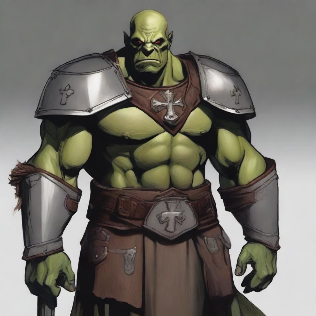 A 46-year-old male orc paladin standing tall at 193 cm with darkseagreen skin and light yellow eyes