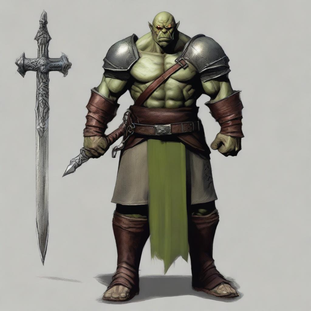 A tall male orc paladin, aged 46, standing at 193 cm