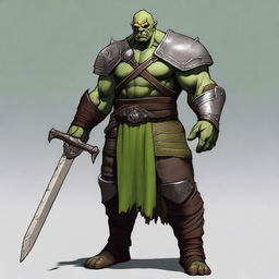 A tall male orc paladin, aged 46, standing at 193 cm