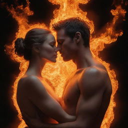 A man and woman in an intimate embrace, with a bright, intense flame erupting between them. Their forms transition from icy figures to regular human skin, symbolizing warmth and thawing. Surrounding them is a cosmic spectacle representing universal love.